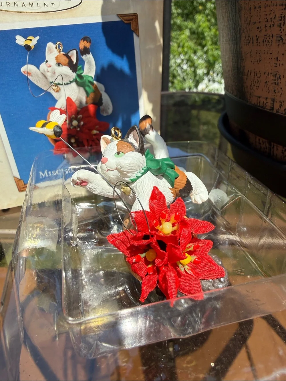 Hallmark White Cat Ornament with Red Poinsettia and Green Bow